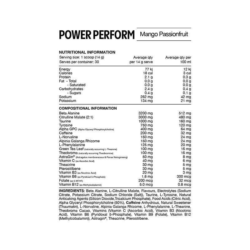 Nutritional information and ingredient list for Power Perform Mango Passionfruit supplement on a white background.