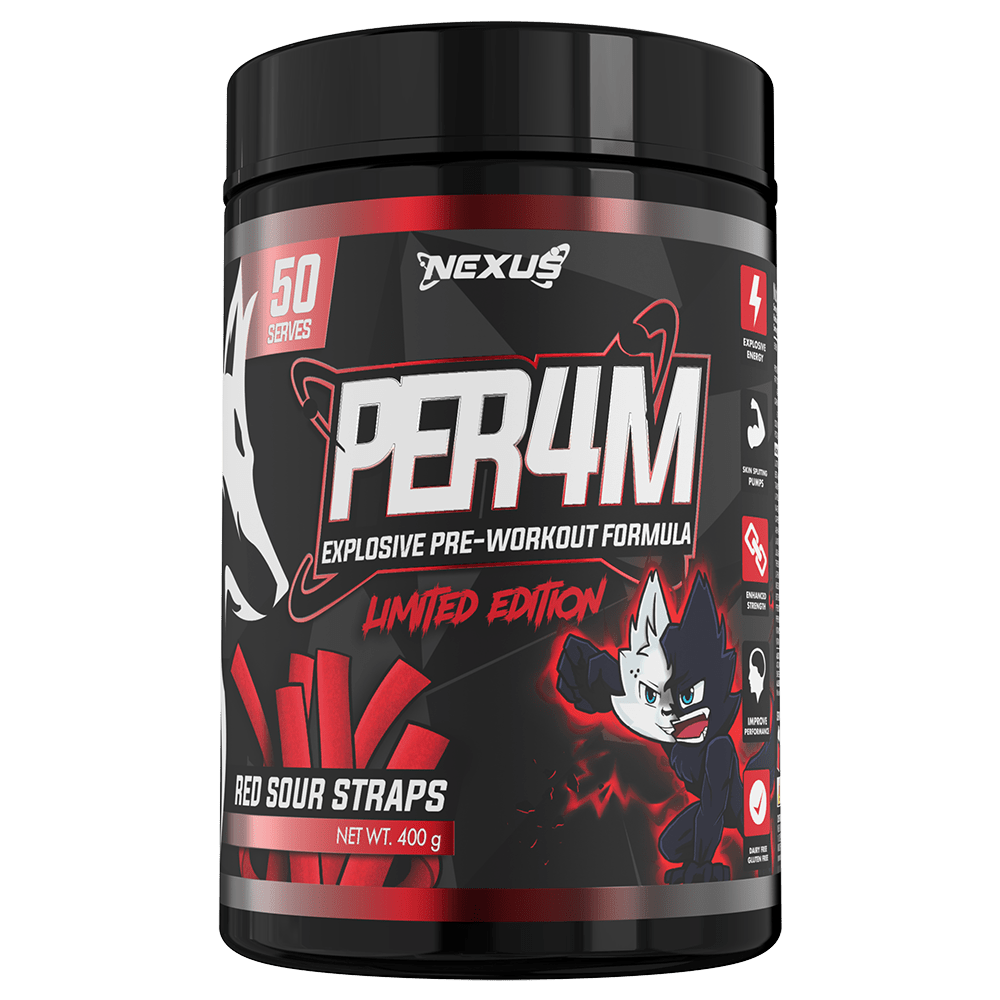 Nexus Sports Nutrition Per4m Pre-Workout 50 Serves Red Sour Straps